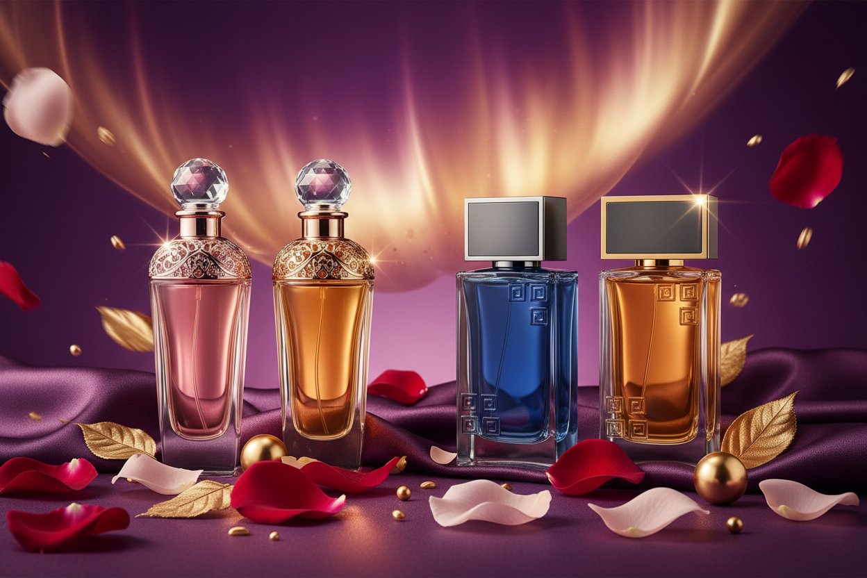 con el siguiente nicho que te voy a describir créame un set de perfumes de dama y caballero con un fondo bien llamativo y que guste a la compradores 